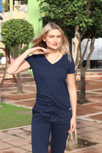 Load image into Gallery viewer, Ladies Namaste Navy V Neck T Shirt