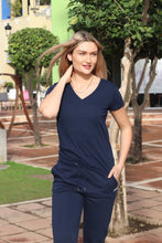 Load image into Gallery viewer, Ladies Namaste Navy V Neck T Shirt