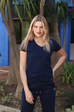 Load image into Gallery viewer, Ladies Namaste Navy V Neck T Shirt