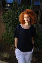 Load image into Gallery viewer, Ladies Hola, Bonjour, Namaste, Ciao Navy T-Shirt