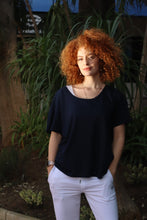 Load image into Gallery viewer, Ladies Hola, Bonjour, Namaste, Ciao Navy T-Shirt