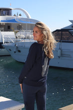 Load image into Gallery viewer, Ladies Hamsa Hand Navy Round Neck Sweater