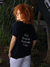 Load image into Gallery viewer, Ladies Hola, Bonjour, Namaste, Ciao  Navy T-Shirt
