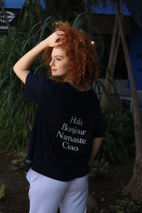 Ladies Hola, Bonjour, Namaste, Ciao  Navy T-Shirt