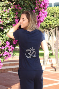 Ladies Navy Om Short Sleeve V Neck